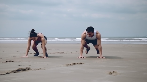 Photo of the young couple exercising on the beach