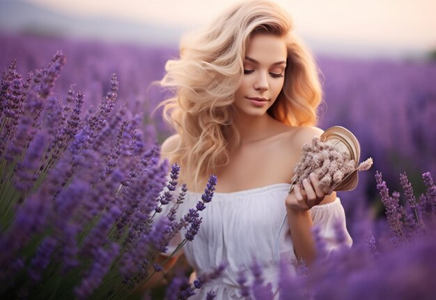 Photo photo of young cute pretty girl woman walks across a colourful flower field