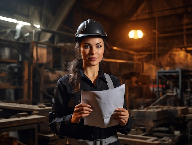 Photo of young engineer woman with helmet and blueprints in her hands