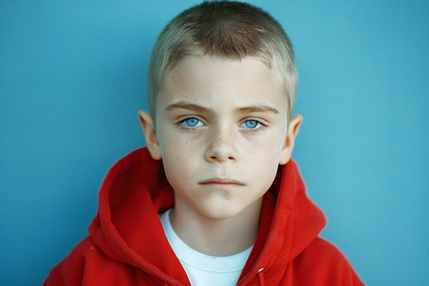 A photo of a young english boy with short blonde hair and blue eyes wearing a red hoodie with a whit