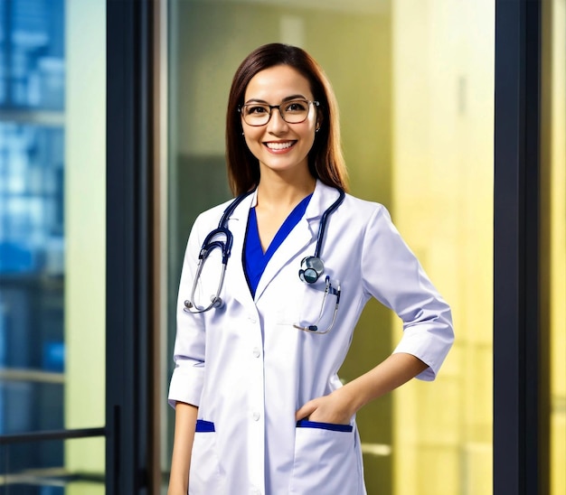 photo young female doctor sitting with crossed hands