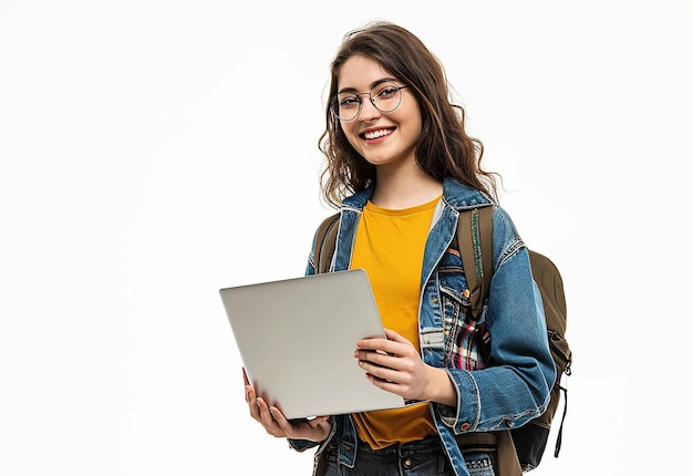 Photo of young female student with cute smile and laptop computer on her hand