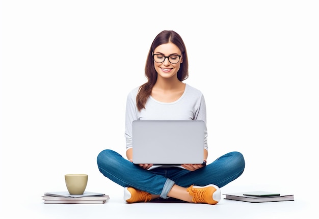 Photo of young girl or boy working with laptop sitting on the floor and chair