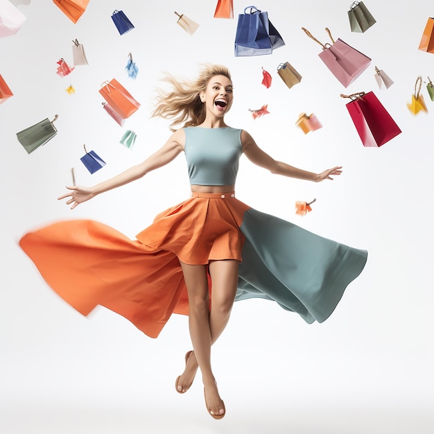 Photo young girl holding shopping bags and smiling white background