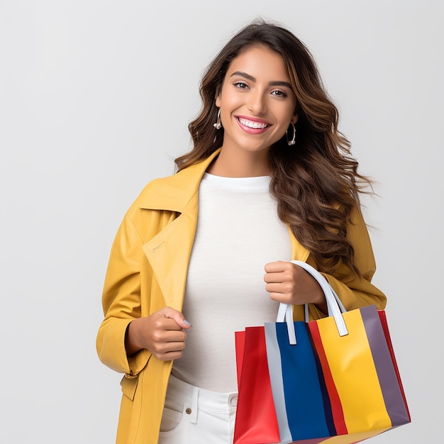 Photo young girl holding shopping bags and smiling white background