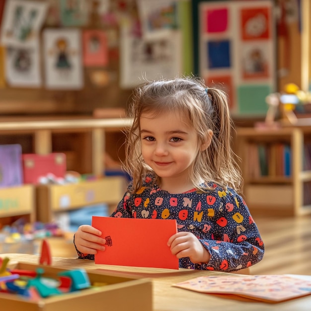 Photo of a young girl in kindergarten sitting at a table and holding a piece of paper