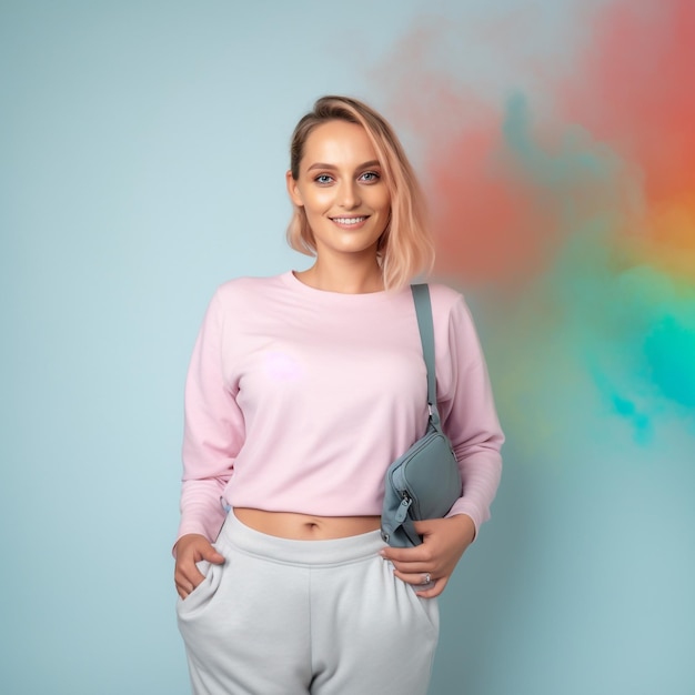 photo young girl in pink shirt showing dimensions color background