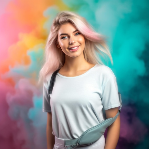 photo young girl in pink shirt showing dimensions color background