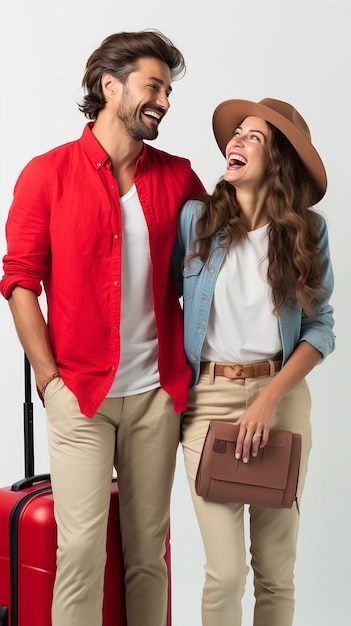 Photo of young lovely couple getting ready for traveling with their luggage