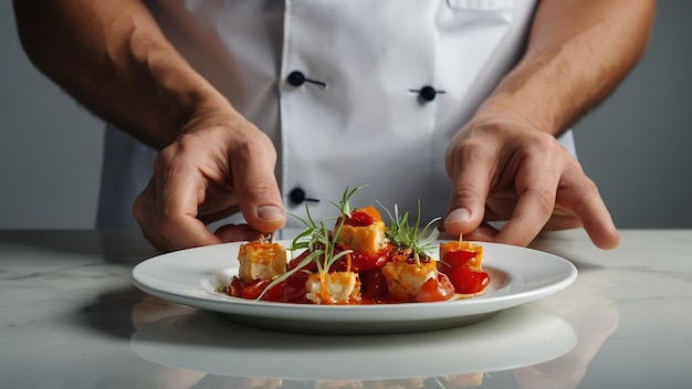 Photo young male cook holding delicious appetizer on w