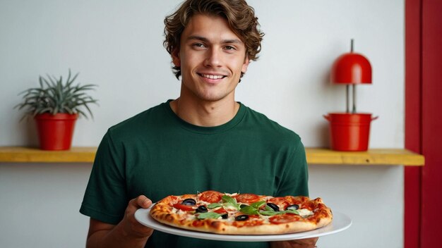 Photo young male cook holding delicious pizza on white