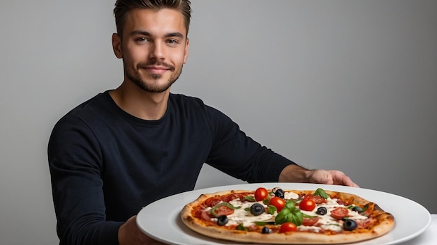 Photo young male cook holding delicious pizza on white