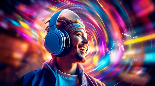 Photo of Young man wearing headphones enjoying music