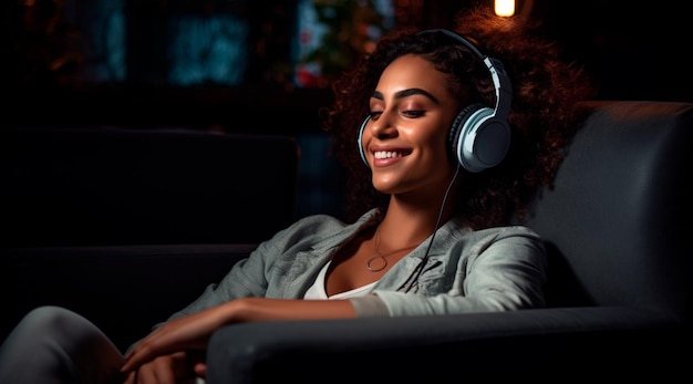 Photo of Young man wearing headphones enjoying music