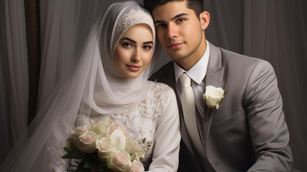 Photo young muslim bride and groom wedding