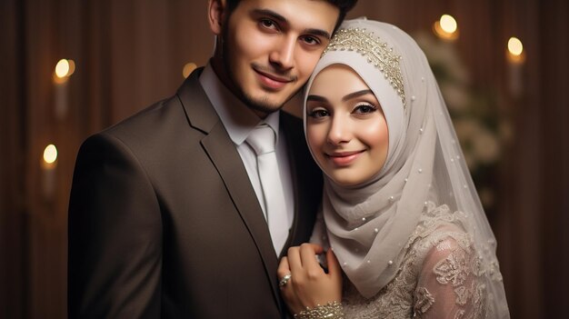 Photo young muslim bride and groom wedding