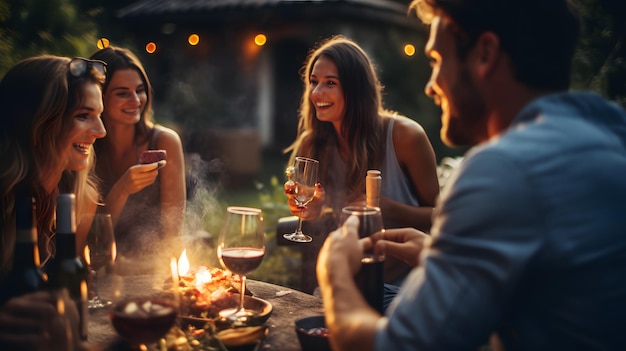 Photo of Young people enjoying delicious barbecue dinner party drinking red wine