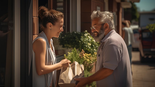 A photo of a young person handing a senior citizen a shoe