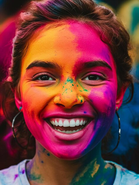 Photo photo of a young persons face covered in colors at holi festival