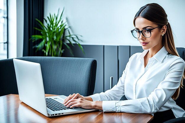 Photo young pretty woman working at office with laptop