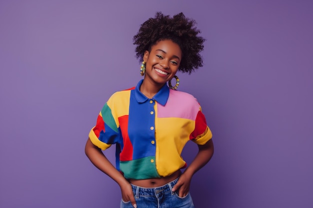 Photo of young smiling african american woman in blue jeans and colorful poloshirt posing with hands