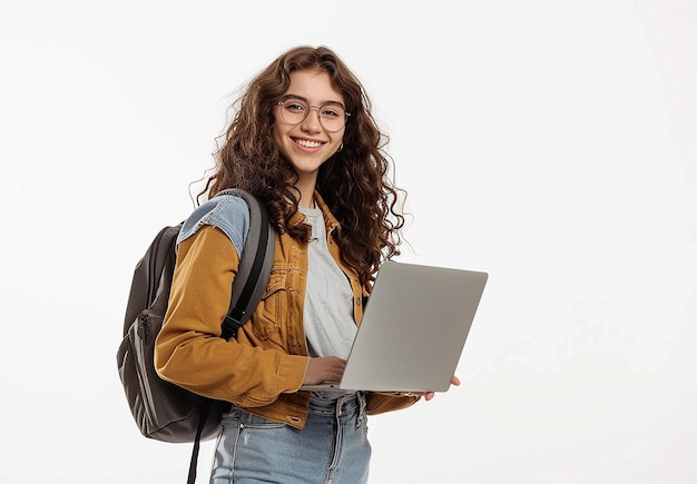 Photo of a young student girl with a backpack with a laptop computer on her hand