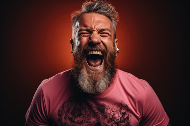 Photo of young tattooed red bearded man in a blank shirt shouting and feeling a s generative IA