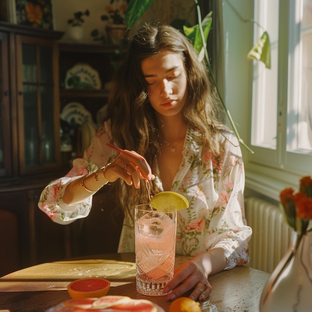 photo of an young woman influencer making a pink beverage