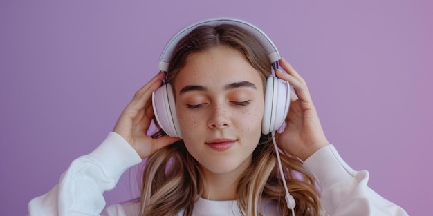 Photo of young woman putting on headphones purple solid background