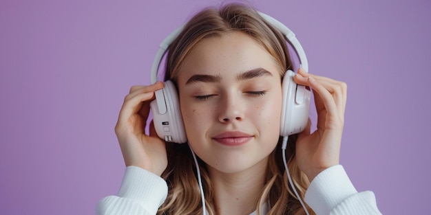 Photo of young woman putting on headphones purple solid background