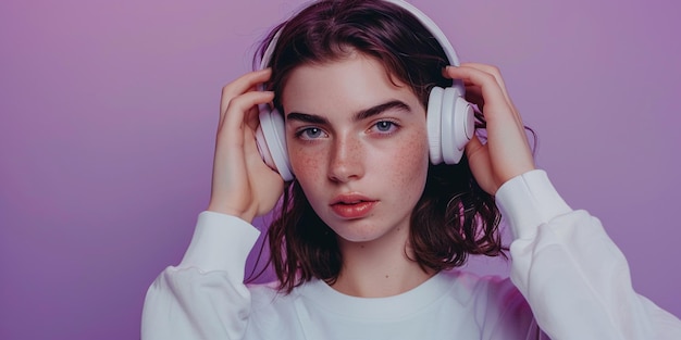 Photo of young woman putting on headphones purple solid background