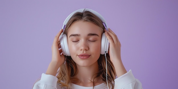 Photo of young woman putting on headphones purple solid background