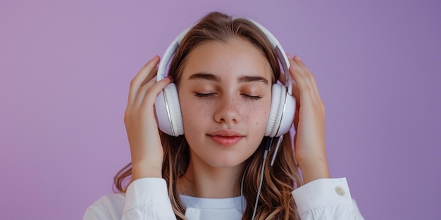 Photo of young woman putting on headphones purple solid background