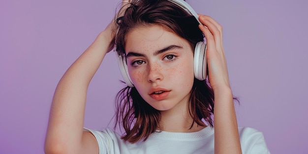 Photo of young woman putting on headphones purple solid background