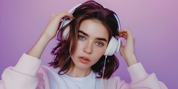 Photo of young woman putting on headphones purple solid background