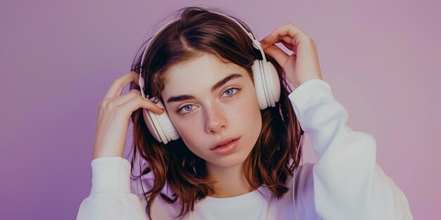 Photo of young woman putting on headphones purple solid background