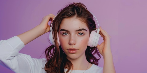 Photo of young woman putting on headphones purple solid background