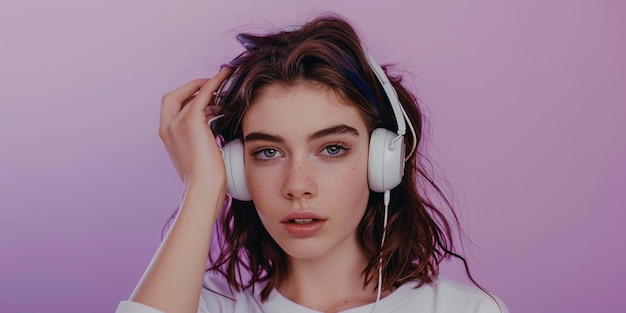 Photo of young woman putting on headphones purple solid background