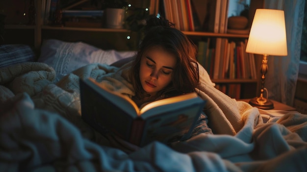 Photo of a Young Woman Reading by Bedside Lamp