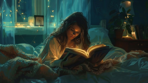 Photo of a Young Woman Reading by Bedside Lamp