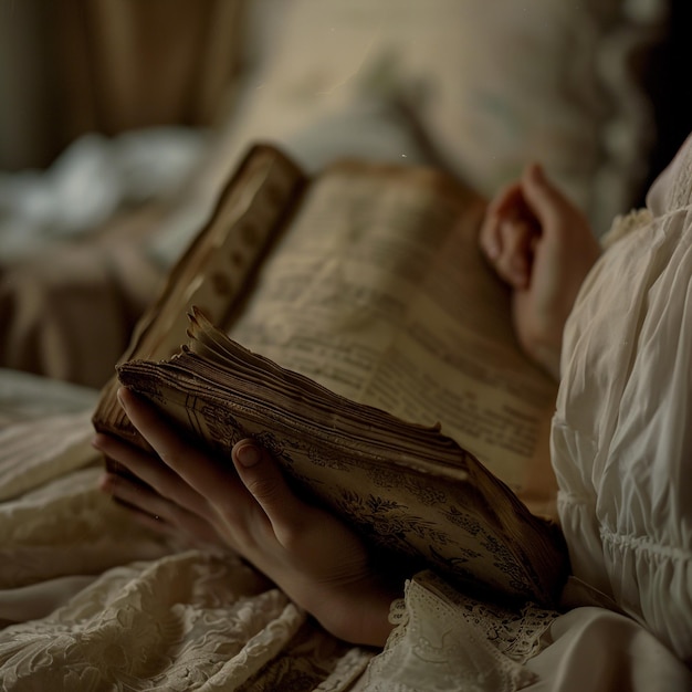 Photo of a Young Woman Reading by Bedside Lamp