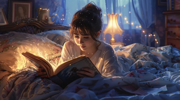 Photo of a Young Woman Reading by Bedside Lamp