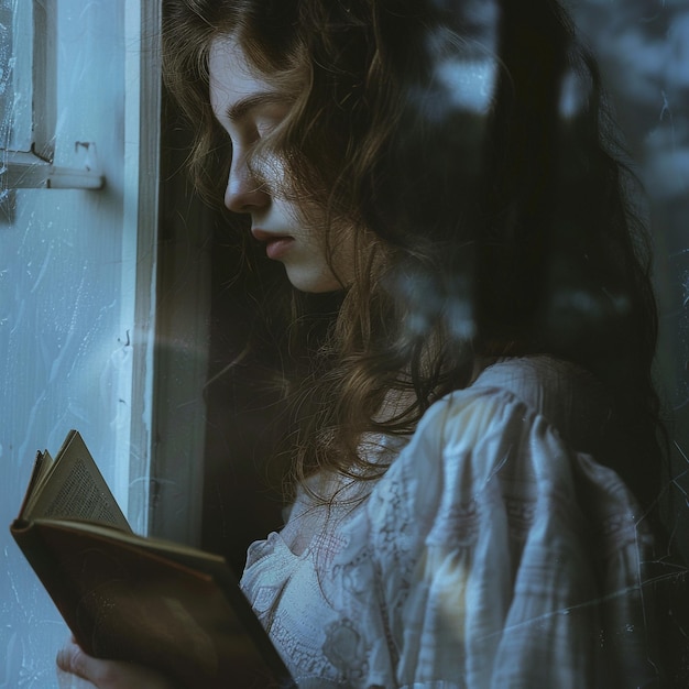 Photo of a Young Woman Reading by Bedside Lamp