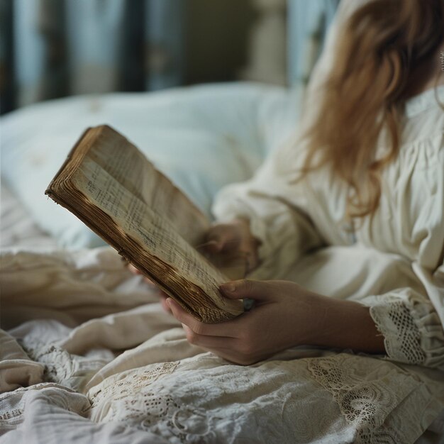 Photo of a Young Woman Reading by Bedside Lamp