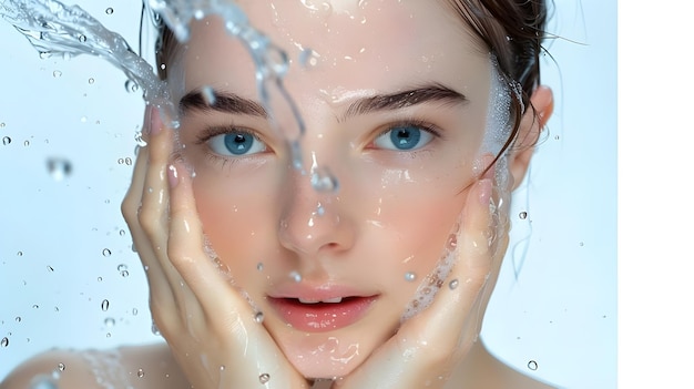 Photo of young woman with clean skin and splash of water Cosmetology beauty and spa concept