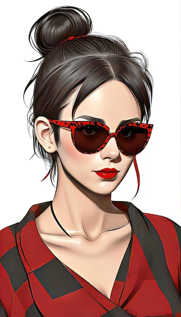 photo young woman with round red glasses andred and black dress