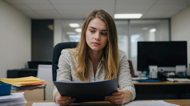 Photo young woman works with documents in office