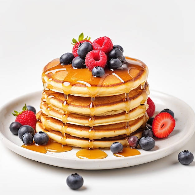 Photo of yummy fluffy breakfast pancakes with honey