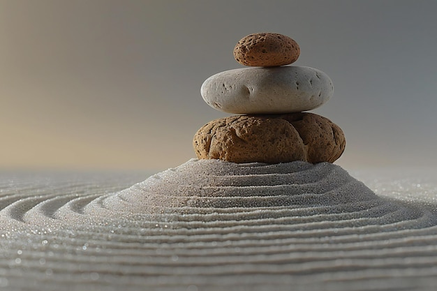 A photo of the zen garden with circular patterns in sand and two rocks stacked atop symbolizing bal