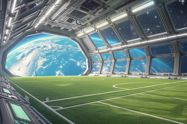 Photo of a zero gravity soccer field enclosed in a space station